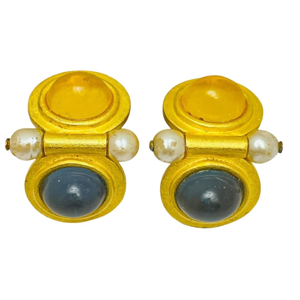 Vintage LINDA LEVINSON signed gold tone glass stones designer clip on earrings